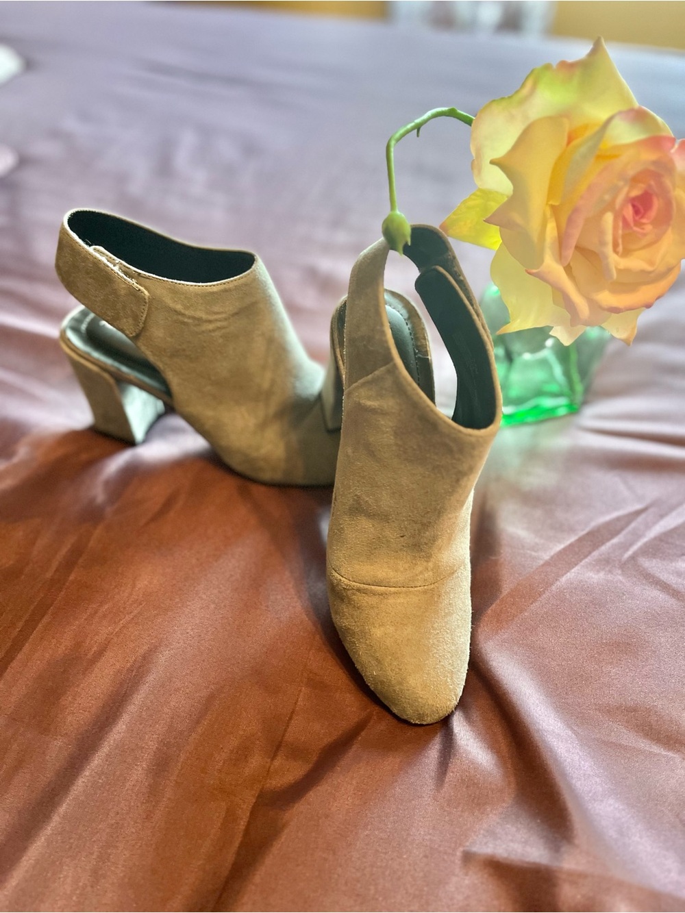 Suede Open-Back Heeled Booties in Gray by ADAM TUCKER SZ 7.5